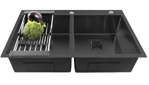 Image of Fossa 37 inchx18 inchx10 inch Double Bowl With Tap Hole Premium Stainless Steel Handmade Kitchen Sink Matte Finish (Black)