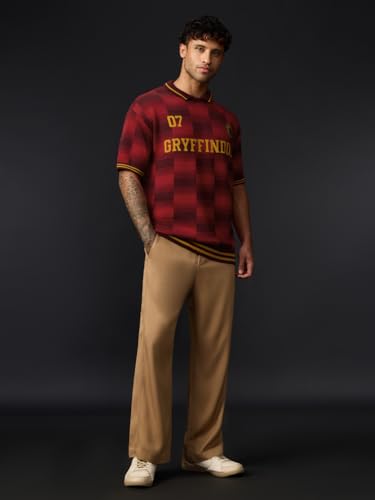 Image of The Souled Store Harry Potter: Gryffindor Quidditch Men and Boys Short Sleeve Spread Collar Red and Maroon Jacquard Knit Acrylic Oversized Drop Shoulder Lightweight Polos