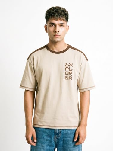 Image of CRAZYMONK Cosmic Explorer Oversized T-Shirt - Beige & Brown