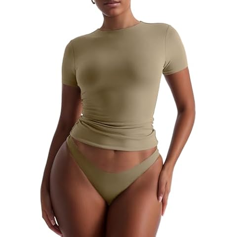 BEGOING Women’s Double Lined Short Sleeve Tops Scroop Neck Slim Fitted Crop Tops Basic Summer Trendy Y2K Tee Shirts Khaki Cover