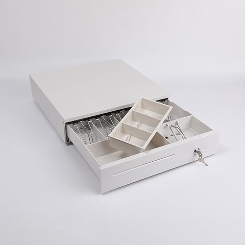 Image of RONTENO Cash Box Metal Cash Register Drawer 3 Coin Money Storage Box Tray With Removable Coin Tray And Key-Lock Cash Drawer For Shop, 1Pc (White Color)