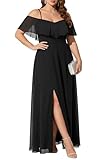 Women Plus Size Formal Dresses Black Off Shoulder Chiffon Bridesmaid Wedding Guest Side Slit Smocked Aline Long Dress