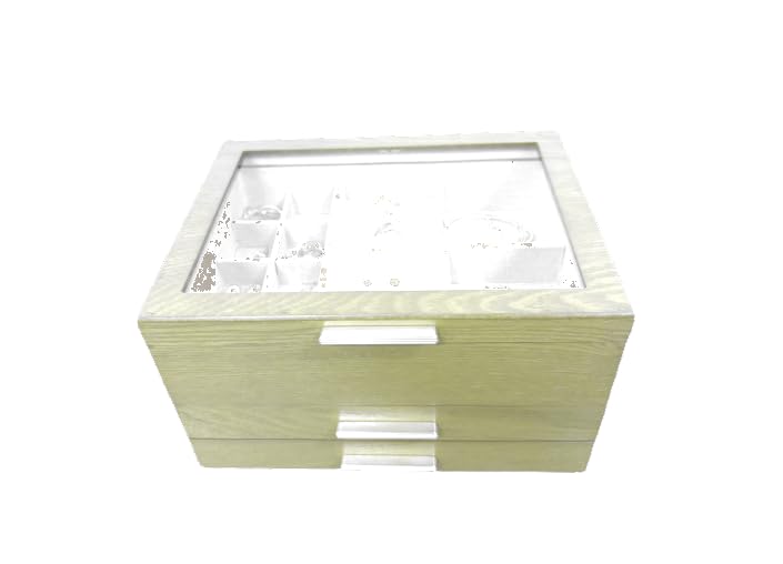 Lolalet 木製 ジュエリーボックス アクセサリーケース 3段引き出し ピアス収納 透明ガラス蓋 防塵 大容量 ディスプレイ 指輪置き 女性用 -ベージュ