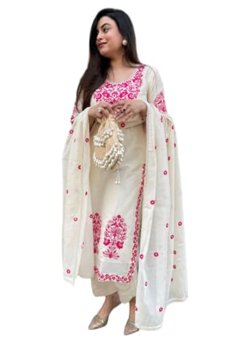 Image of GoSriKi Kurta Sets for Women Viscose Embroidered | Kurta Pant Dupatta Set | Straight Kurti Set for Women | Round Neck 3 /4 Sleeve Ethnic Suit | Designer Indian Kurti Outfit with Pants