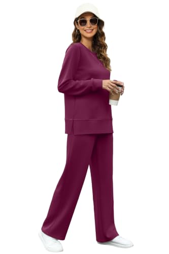 Image of OFEEFAN Women's 2 Piece Lounge Set Travel Airport Outfits Side Slit Tracksuit Wide Leg Loungewear Baggy Comfy Sweatsuit S-3XL