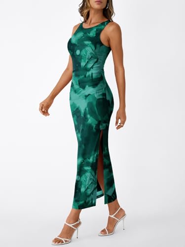 Image of Trendy Queen Bodycon Maxi Dress Womens Sleeveless Floral Print Fitted Party Club Ruched Dresses with Side Slit