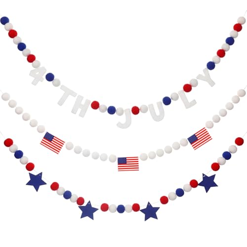 Image of Tatuo 3 Pcs 20.67 ft 4th of July Garland Patriotic 250th Anniversary Star Pompom American Flag Banner Red White Blue Pom Ball Hanging Garland for Independence Day Memorial Day Decor