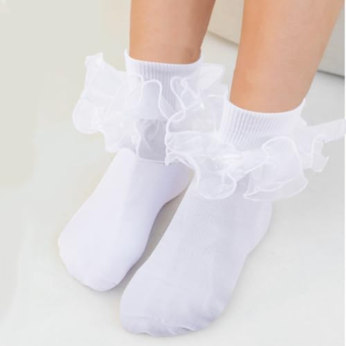 Image of Women Big Ruffle Ankle Socks Adult Double Lace Frilly Turn Cuff Dress Socks Cotton Cute Fancy Bobby Crew Socks