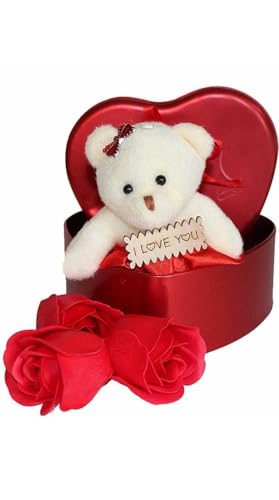 AM World Teddy Bear with Red Heart Box & Artificial Roses | Roman...