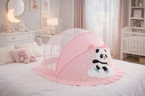 Image of Mosquito Net for Baby (Pink) | Panda Print | Breathable Bottomless Net for Infants | Comfortable & Easy to Use | 135 x 65 x 65 cm