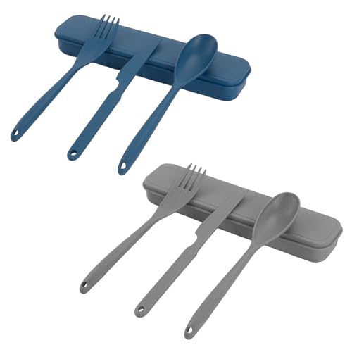 JINGIHE 2pc Travel Cutlery Set, with Case, Reusable Portable Plastic Cutlery, Camping Cutlery, Fork Knife Spoon Set, Lightweight Utensils for Picnic School Office Daily Outdoor Use, (Dark Blue & Gray)