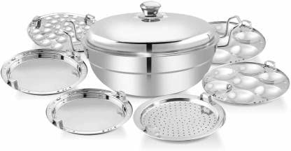 Image of LiMETRO STEEL Stainless Steel Induction Base Multi Kadhai /Idli Cooker /Kadai Streamer with Stainless Steel lid (6 Plates, 14 Idli) (2 Idli Plates, 2 Dhokla Plates, 1 Steamer, 1 Mini Idli Plate)