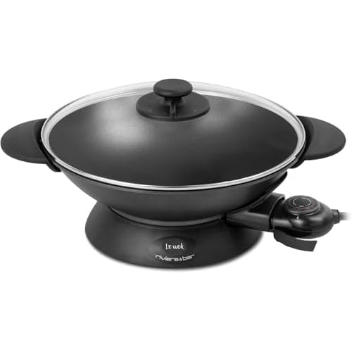 riviera&bar Wok Électrique Expert 5L – Cuve en Fonte d&rsquo;Aluminium, Couvercle en Verre, Thermostat Réglable 10 Positions, Cuisson Polyvalente et Nettoyage Facile – Pour 8 Personnes – Noir