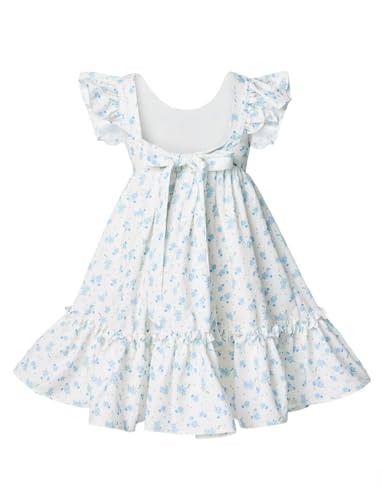 Girls Floral Dress Square Back Bow Flutter Sleeves Summer Casual Dress Rose 3-9 Y