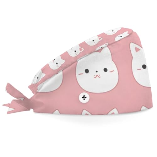 Mularoka Cute Cartoon Cats Working Caps with Button Sweatband Comfortable Adjustable Bouffant Hats Work Hat for Women Men