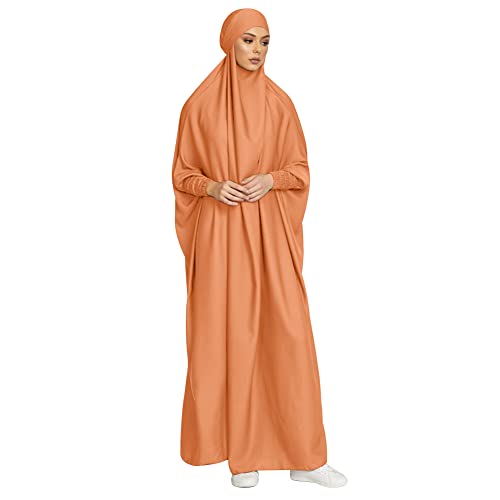Islamic Dresses - Modern Hijab Dresses, Floor Length Farasha Kaftan & Jilbab - Arabian Clothes for Muslim Women - Eid Tight Knit Dress - Orange, One Size