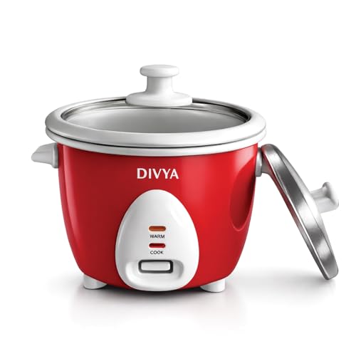 Image of DIVYA 0.6 L Drum Electric Rice Cooker for Home | 300 W | Double Pot Anodised Aluminium | Glass & Stainless Steel Lid | Cook & Keep Warm Function | Compact Rice Cooker | Red
