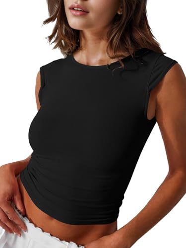 Fisoew Camiseta sexy para mujer, con espalda descubierta, manga corta, corte ajustado, camiseta de verano informal Y2K., Negro , XL