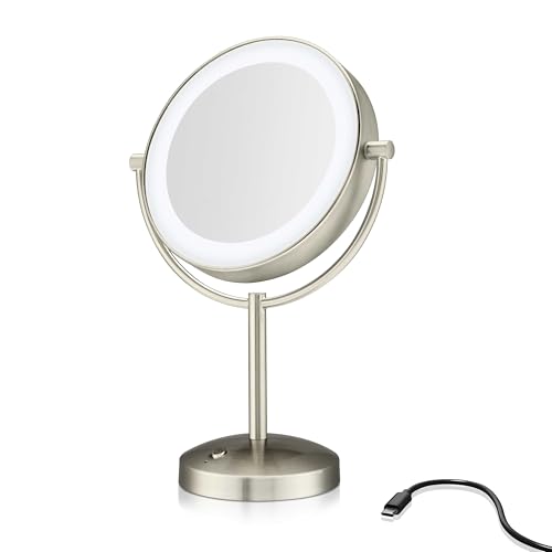 Conair Lighted Makeup Mirror Double-Sided LED Vanity Mirror with 1X/10X Magnification 3 Light Settings 3 Modes 360 Rotation Satin Nickel Finish