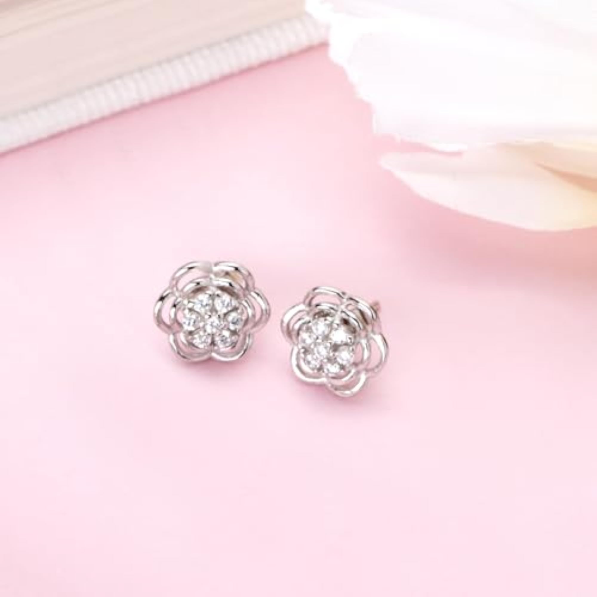 925 Silver CZ Floral Stud Earrings with Rhodium Plating