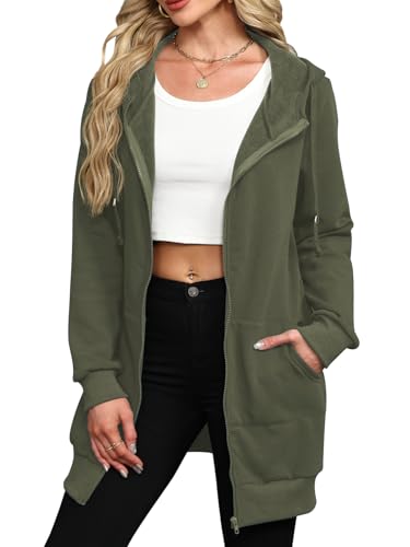 Long Zip Up Hoodie Women Lightweight Jacket Fall Winter Fleece Hooded Sweatshirt M Army Green