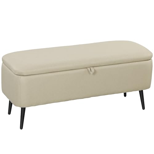HOMCOM Banc de Rangement, Bout de lit, Coffre de Rangement en Tissu avec Pieds en Acier Noir, 101 x 38,5 x 44,5 cm, Beige