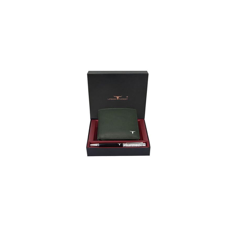 Image of URBAN FOREST Griffin Aniline Green Leather Wallet & Diamond Pen Combo Gift Set for Men