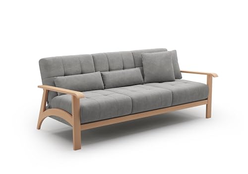 Cavadore 3er-Sofa Billan / 3-Sitzer Schlafsofa im skandinavischen Design mit Bett und massivem Holzgestell in Buche / 199 x 88 x 106 / Mikrofaser, Grau
