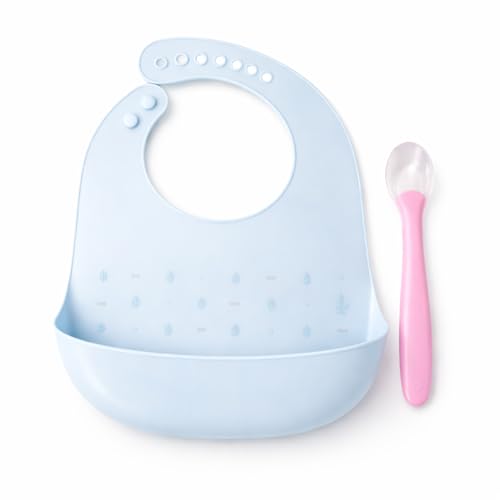 Image of BABYROSE Silicone Baby Bib with Wide Food Catcher Pocket and Soft Tip Spoon, Adjustable Buttons, BPA Free, Waterproof, Blue and Pink, 2 Piece Set for Infants and Toddlers