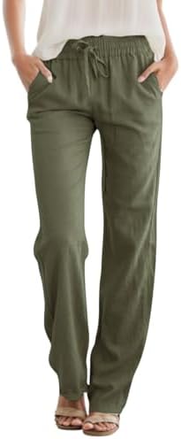 SEMARO Womens Casual Linen High Waist Pants Drawstring Loose Fit Summer Pants Trousers with Side Pockets Army Green
