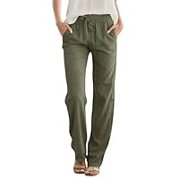 SEMARO Womens Casual Linen High Waist Pants Drawstring Loose Fit Summer Pants Trousers with Side Pockets Army Green