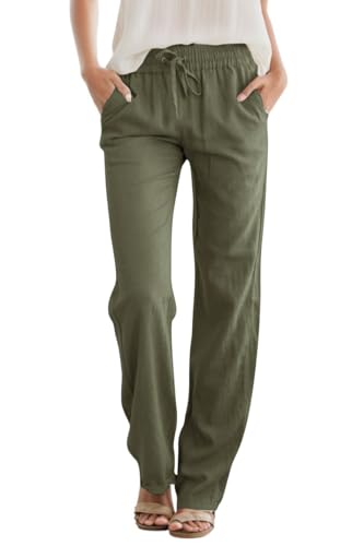 SEMARO Womens Casual Linen High Waist Pants Drawstring Loose Fit Summer Pants Trousers with Side Pockets Army Green