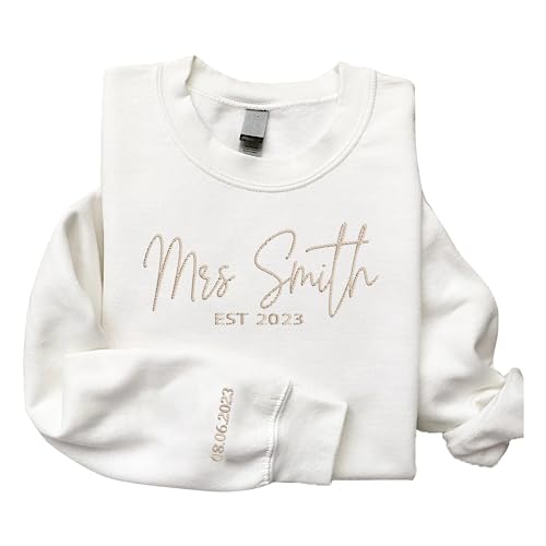 GodLover Custom Embroidered Mrs Sweatshirt, Future Mrs Hoodie, Bride Sweatshirt - Custom Last Name & Date On Sleeve - Engagement Gift, Bachelorette Party Gift