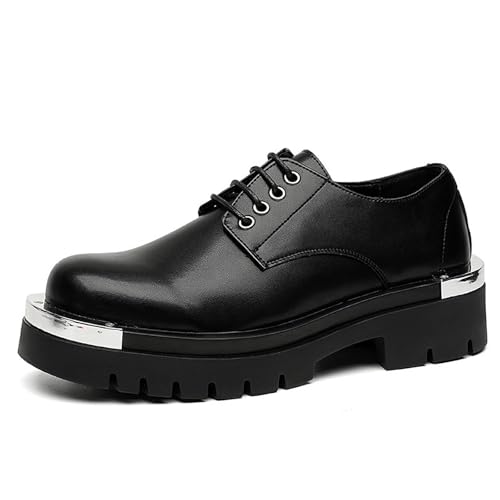 Men's Platform Block Heel Leather Goth Oxfords with Metal Decor Classic Round Toe Lace Up Chunky Heel Lug Sole Fashion Punk Motorcycle Shoes for Casual Business Work Derby Dress Shoes