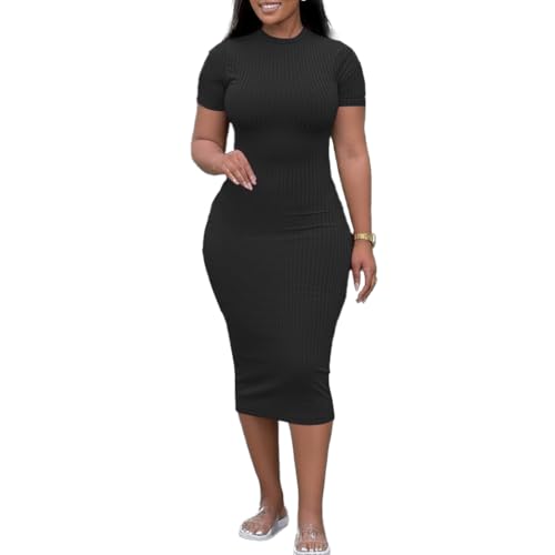 Image of TOPSRANI Women Sexy Midi Dress Bodycon Casual Sleeveless Basic Ruched Tank Summer Club Party Dresses
