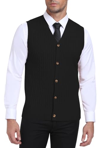 Image of PCEAIIH Men's Gilets Knit Sweater Vest V Neck Sleeveless Cardigan Top with Buttons Classic Business Gentleman Knitwear Black