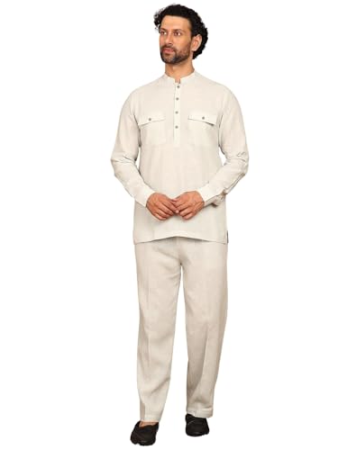 Image of See Designs Men's Full Sleeve Mandarin Collar Linen Solid Pathani Set