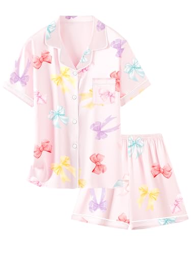Image of Schbbbta Girls Womens Pajamas, Satin Silky Pjs Set Kids 2Pcs Button-Down Nightwear Sleepwear Gift for Mommy and me
