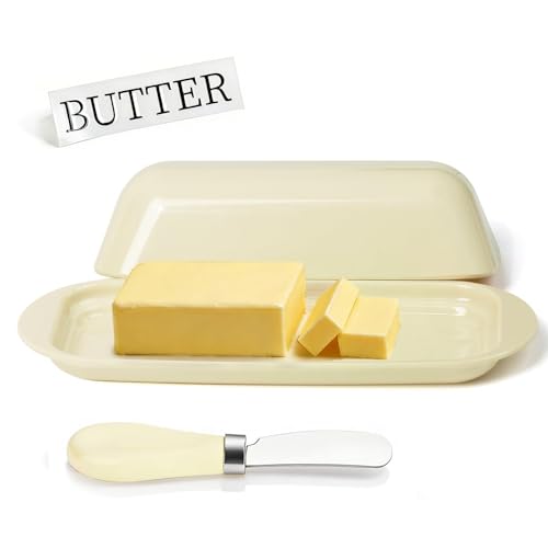Lynnsen BPA-Free Melamine Butter Dish with Lid & Stainless Steel Knife - Farmhouse Butter Keeper for Countertop & Refrigerator, Dishwasher Safe, Holds 1 Stick with East & West Coast Butter-Cream