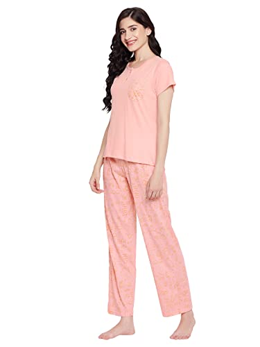 Image of Clovia Women's Cotton Doodle Print Top & Pyjama Set in Pink