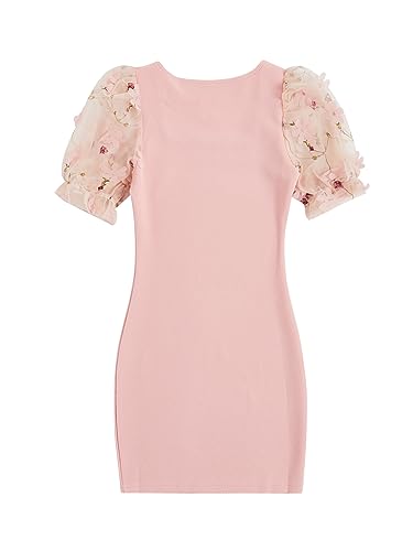 WDIRARA Girl's Contrast Polka Dots Mesh Puff Sleeve Round Neck Bodycon Casual Dress2