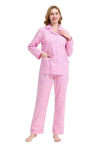 Image of GLOBAL Women Cotton Pajamas Long Sleeve PJs Button Down Sleepwear S-3XL