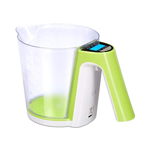 Relaxdays Meßbecher mit Waage, abnehmbarer Messbecher, wiegen, messen, versch. Maßeinheiten, Tara, b, 1.2l, Klar,grün