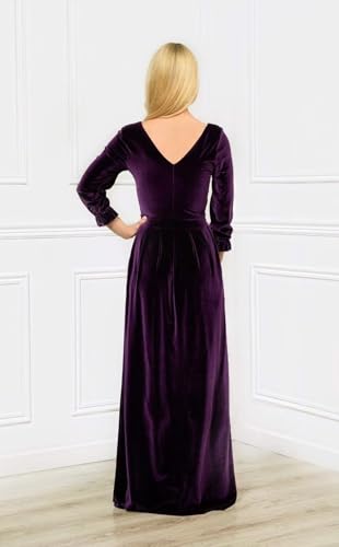 Women's Velvet Long Sleeve Bridesmaid Dresses Long V Neck High Slit Formal Evening Gowns with Pockets2