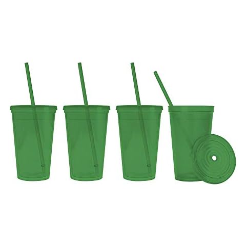 Simply Green Solutions Made in the USA, 16 oz. Double Wall Insulated Plastic Tumblers with Lid and Straws, Set of 4 - Translucent Green Cover