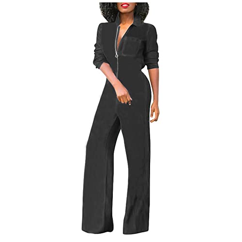 squarex Mameluco para mujer, mono casual para mujer, mono clásico con cremallera y solapa, mono de manga larga con bolsillo, Negro, M Cover