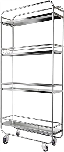 NUOMIE キッチンワゴン 隙間ラック すきま収納 多機能 スリム キャスター付き ステンレス スリムラック 防錆 耐久 ガードレール付き 冷蔵庫横 洗濯機横 洗面所 調味料ラック ペットボトル トイレ収納使用される (4段 幅25cm,銀色) [並行輸