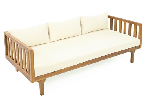 image for Merax Outdoor 3 Seater Daybed, Acacia Wood Day Bed Couch Sofa with Cus