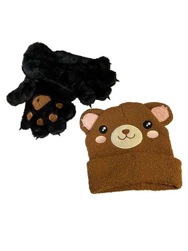 Image of FashionFritz & Little Bitz Bear face adult cold weather beanie and fuzzy bear gloves accessory bundle