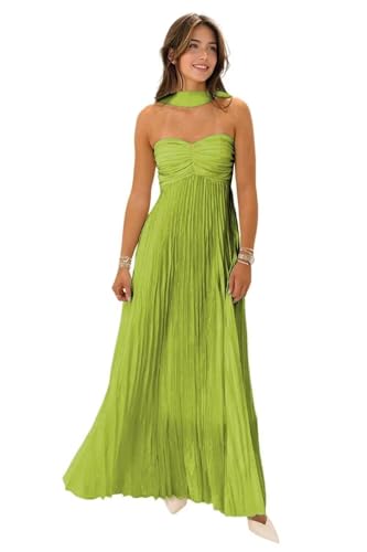 Lorencia Strapless Pleated Chartreuse Green Bridesmaid Dresses Long for Wedding Empire Waist Chiffon Formal Prom Evening Dresses with Scarf US Size 0